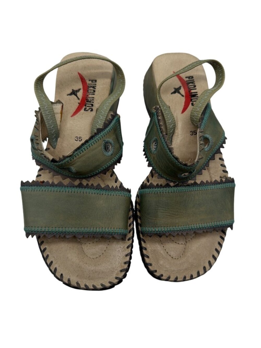 Pikolinos Green Leather Sandals Womens Size 35 With Velcro Straps & Stitch Detai